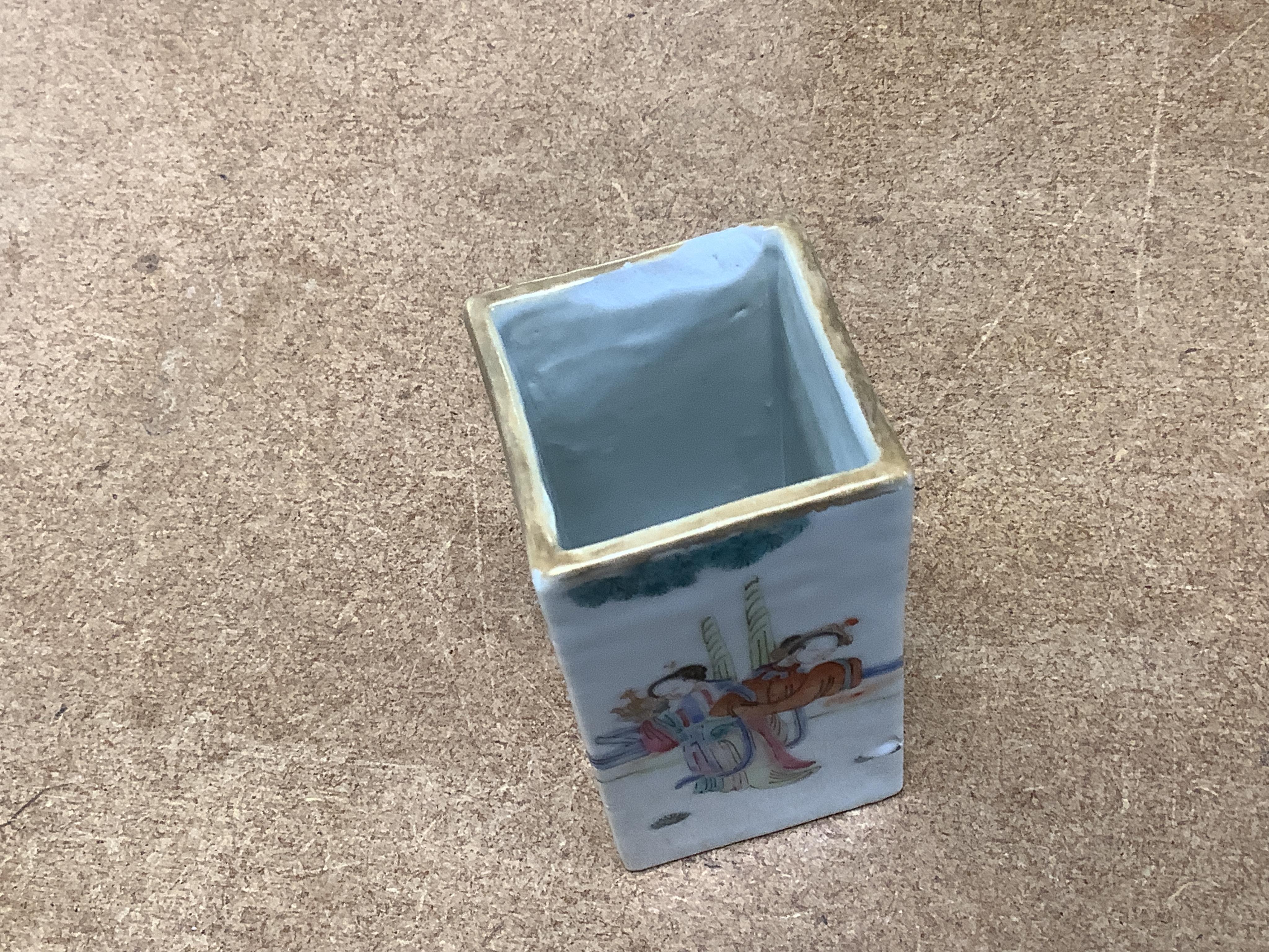 A collection of late 19th century Chinese famille wares to include a water pot, two teapots, and a square brushpot, together three Republic period tea bowls, largest 9cm high